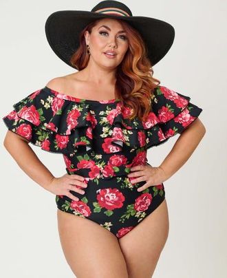 Unique Vintage Off Shoulder Nantucket Swimsuit in Black Cabbage Rose Print at Nordstrom, Size 1X