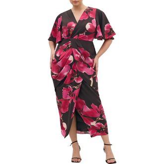 City Chic Braelynn Floral Flutter Sleeve Maxi Dress in Chocolate Fleur at Nordstrom, Size Xxxs