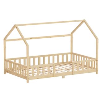 ML Design Ml-design Cama Infantil 120x200 Cm En Forma De Casa, Madera Maciza De Pino Natural Con Protecci&oacute;n Antica&iacute;da, Techo Y Somier De L&aacute;minas, Cuna De Suelo 