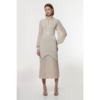 Karen Millen Petite Woven Sleeved Pleated Dress in Stone at Nordstrom, Size X-Small P