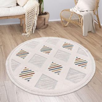Paco Home Paco Home - Alfombra Salon De Habitacion Pelo Corto Modern Boho Etnica Nordica Dibujo Flecos ø 120 cm redon, Multicolor 5