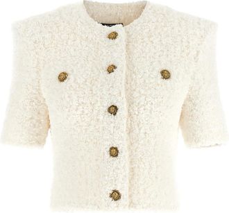 Balmain White Tweed Plumetis Cardigan