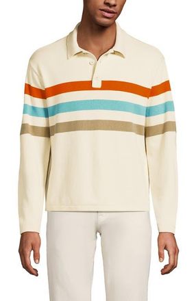 Lands End Long Sleeve Cotton Rugby Sweater Polo in Ivory Latte Multi Stripe at Nordstrom, Size Xx-Large