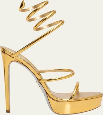 Rene Caovilla 130mm Metallic Leather Platform Snake-Wrap Sandals