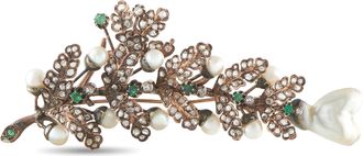 Luxury Bazaar Antique 14K Rose Gold and Silver Rose-Cut Diamond, Emerald, and Pearl Leaf Brooch MF06-082426