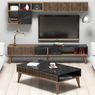 Dmora Set De Muebles De Sala Ollomont, Modulares, 9 Estantes, 2 Puertas, Nogal Marr&oacute;n