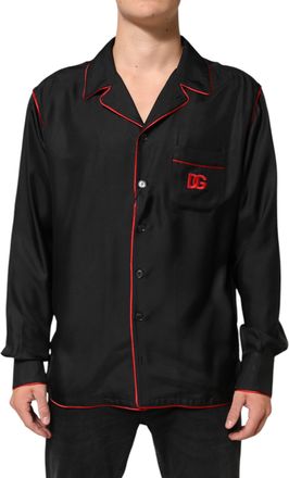 Dolce & Gabbana Black Red Contrast Trim Silk Casual Mens Shirt
