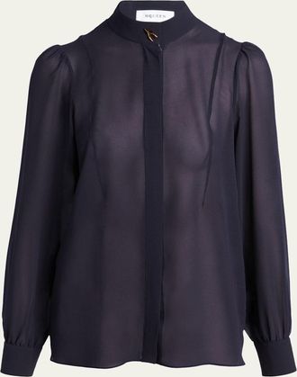 Alexander McQueen Wishbone-Button Silk Chiffon Button-Down Blouse