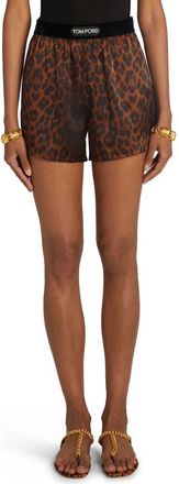 Tom Ford Reflected Leopard Print Stretch Silk Pajama Shorts in Camel at Nordstrom, Size X-Large