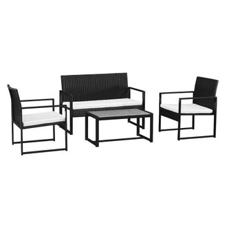 Happy Garden Conjunto de jard&iacute;n 4 plazas resina trenzada negra cojines beige