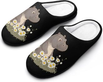 Generic Hippo With Daisies Slippers Men Winter Warm Cotton Anti-Slip Indoor Slip-Ons House Shoes