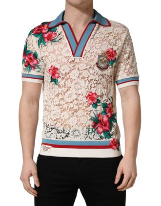 Dolce & Gabbana Mens Floral Lace Polo Beige Cotton Nylon Viscose