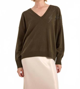 Brodie Hazel Hot Fix Bolt V Neck Sweater In Khaki