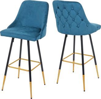 Hhg Hhg - Nunca Usado] Juego De 2 Taburetes De Bar 665, Taburete De Bar Taburete De Barra, Dise&ntilde;o Retro Puntales/pies De Terciopelo Dorado, Azul Petr&oacute;leo
