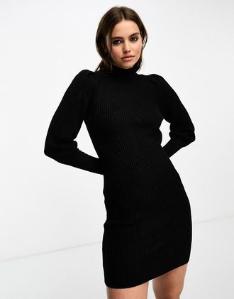 Only Only high neck puff sleeve mini sweater dress in black