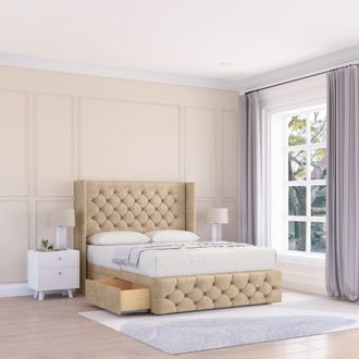 Sloomy Luthor Coniston Wingback Bed Set, 2 Drawers & 54 Floor Standing Headboard in Cream | Size: Double