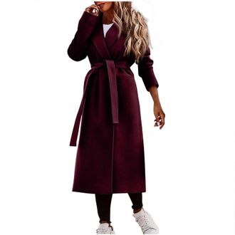 Generic Ladies Coats Wool Blend Notched Lapel Open Front Long Overcoat With Tie Waist Side Pockets Warm Jacket for Autumn Winter Office Styling Casual Comfort