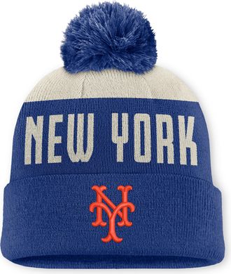 Nike New York Mets Cooperstown Peak Nike Mens MLB Cuffed Pom Beanie in White | NB1603TEM89-5JZ