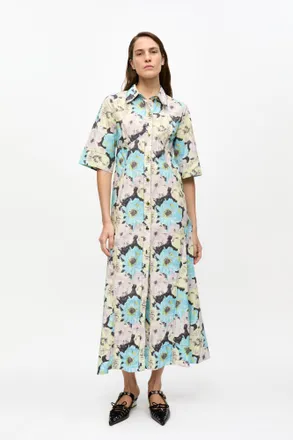 Ganni Mixed Floral Printed Cotton Long Shirt Dress - Size 32