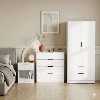 Home Discount Vida Designs Trega 3Pc Bedroom Set(1Dr Bedside, 4DrChest & Wardrobe) in White