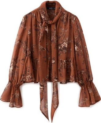 Mango Floral Print Tie Neck Top in Russet at Nordstrom, Size 6