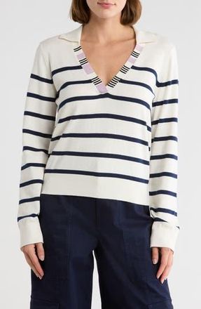 ATM Anthony Thomas Melillo Stripe Cotton & Silk Johnny Collar Sweater in White /Midnight at Nordstrom Rack, Size X-Small