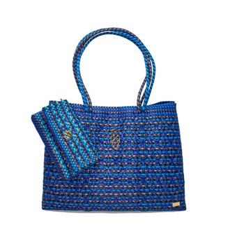Lola's Bag Womens Travel Woven Patterned Tote Bag With Clutch In Blue