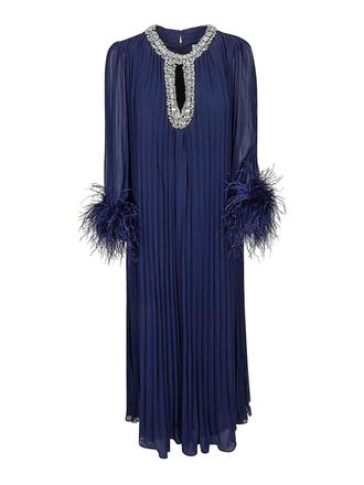 Self Portrait Navy Chiffon Feather Midi Dress