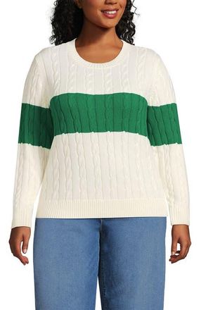 Lands End Plus Size Drifter Classic Cable Crew Neck Sweater in Single Stripe/vibrant Clover at Nordstrom, Size 3X