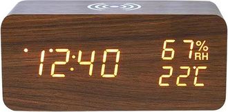 OEM Reloj Despertador Digital Led Inal&aacute;mbrico, Con Indicador De Temperatura Y Humedad, Brillo Ajustable (marr&oacute;n)