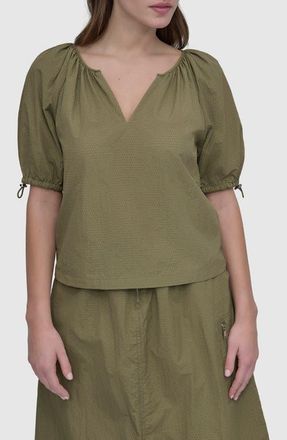 DKNY Perforated Drawcord Puff Sleeve Top in Utility Green at Nordstrom, Size X-Small