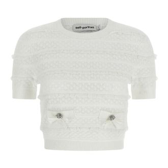 Self Portrait Round-neck Knitwear, female, White, Size: S Pointelle Knit Top