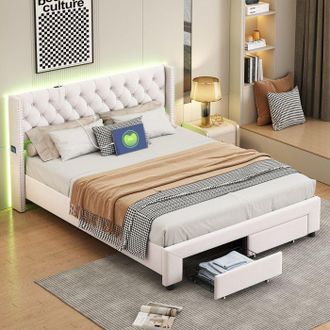 OEM Cama Lit 160x200cm - Cabecera Led - 2 Cajones - Terciopelo Beige - Dise&ntilde;o Escandinavo