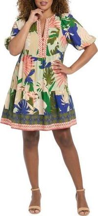 London Times Puff Sleeve Palm Printed Dress in Sage/Coral at Nordstrom Rack, Size 3X