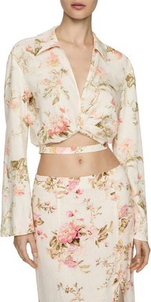 Mango Floral Long Sleeve Linen Blend Wrap Top in Vanilla at Nordstrom, Size 8