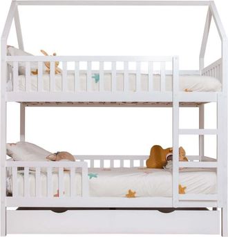 Muemue Litera casita + cama de arrastre madera blanco 90x190/90x190cm
