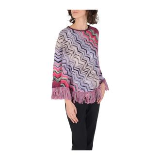 Missoni Round-neck Knitwear, female, Multicolor, Size: ONE SIZE Wool-blend Zigzag Poncho