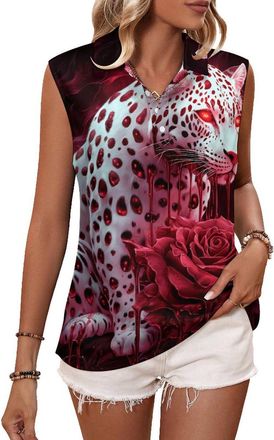 Generic Leopard Red Rose Womens Sleeveless Polo Tank Top Athletic Golf Shirt Summer Quick Dry Tennis Shirts L