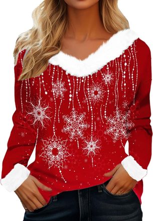 Generic Christmas Jumpers for Women UK Fluffy V Neck Christmas Sweatshirts for Women Plush V-Neck Ladies Novelty Tops Warm Fashion Slim Fit Pullover Lightweig