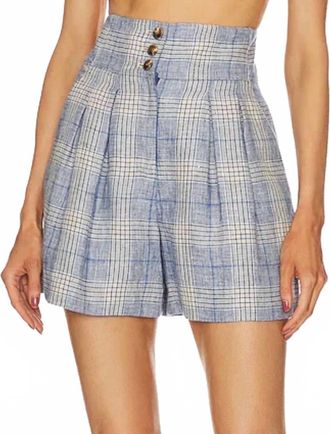 Veronica Beard Alicia Plaid High Rise Wool Linen Blend Shorts In Blue
