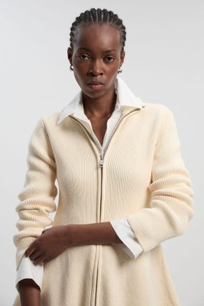 Karen Millen Womens Cotton High Neck Zip Through Longline Knit Jacket - Cream - Size X-Small