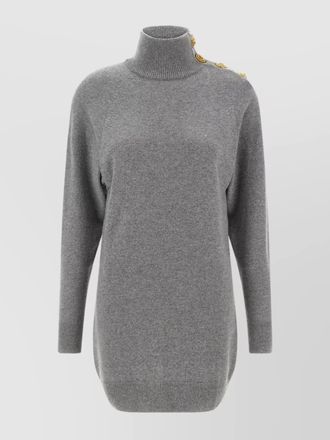 Balmain cashmere wool turtleneck dress gold button detail
