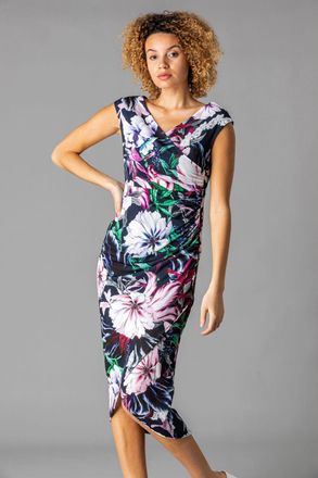 Roman Floral Print Ruched Wrap Dress
