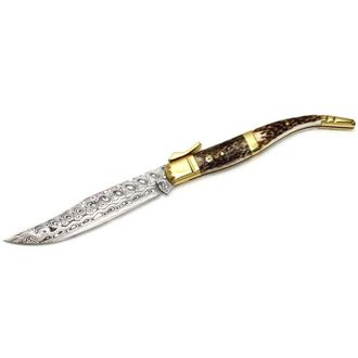 OEM Navaja De Colecci&oacute;n Muela Curro Curro-a.dam, De Acero Damasco Inoxidable, Hoja De 12,5 Cm, Asta De Ciervo Y Lat&oacute;n, Tama&ntilde;o Total 27,5 Cm + Tarjeta Mult