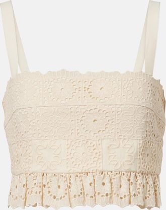 Elie Saab Guipure lace ruffled cotton and silk crop top
