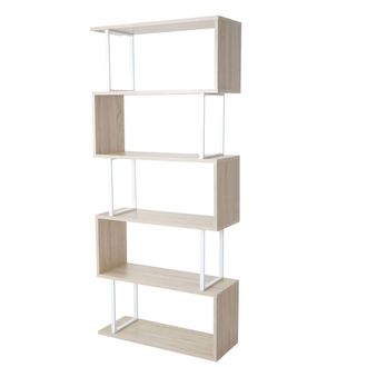Hhg Nunca Usado] Estanter&iacute;a Hhg 091, Estanter&iacute;a De Pie, Estanter&iacute;a De Sal&oacute;n, 183x80cm Estructura 3d 5 Niveles, Aspecto Roble, Metal Blanco