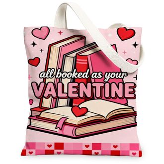Generic ValentineS Day Heart Pattern Canvas Tote Bags, Cute Book Design Reusable Grocery Bags, Lightweight Washable Shoulder Strap, Peach, 13x15 Inch