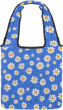 Generic Blue & White Daisies Reversible Canvas Shoulder Tote - Double-Sided Print, 12oz Cotton, 27cm Drop, Fold-Flat Bag for Travel, Shopping, Street Outings