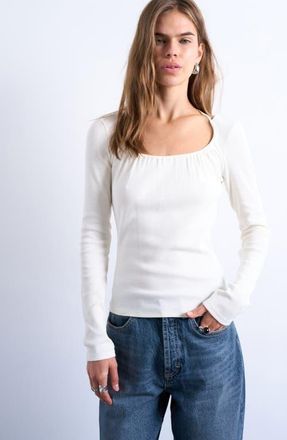 Topshop Scoop Neck Long Sleeve Rib Top in Ivory at Nordstrom, Size X-Small