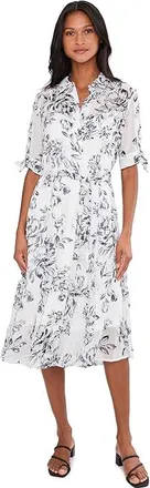 Calvin Klein Short Sleeve Floral Chiffon Shirt Dress Womens Dress Cream/Indigo : 10, Polyester